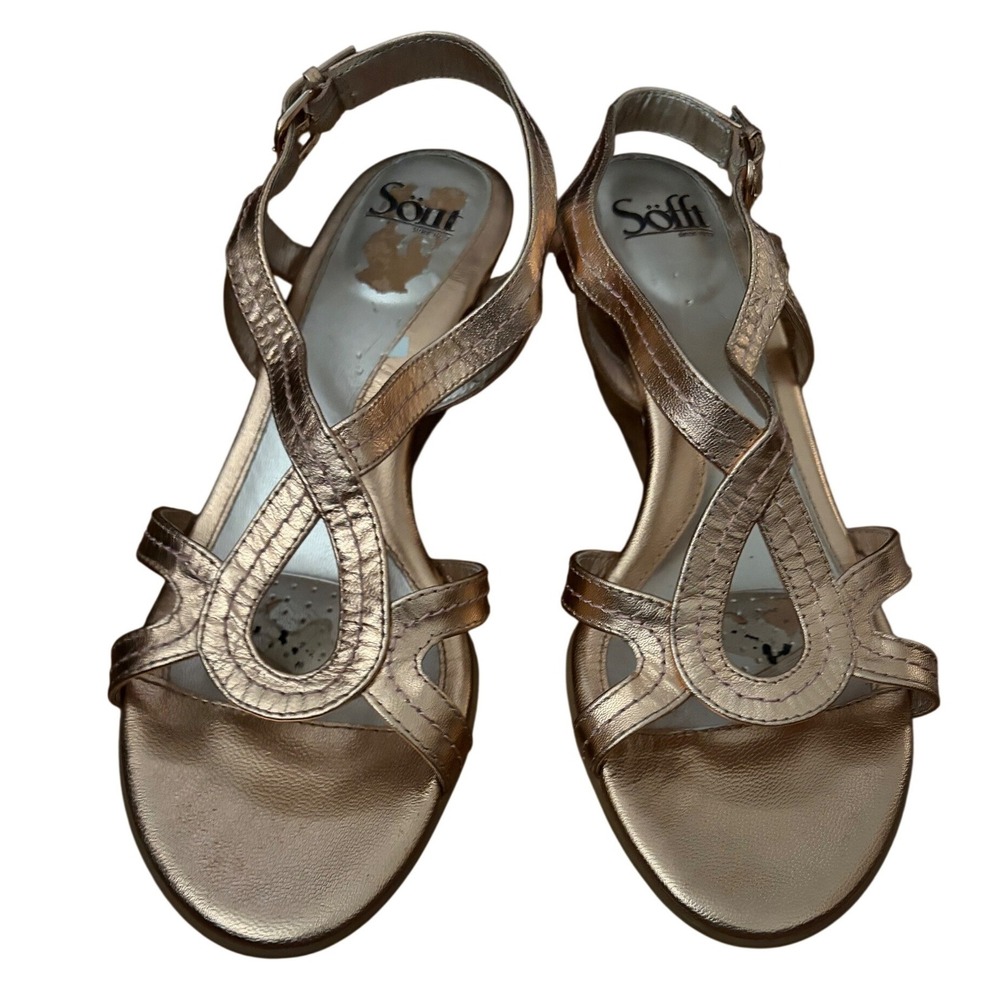 Sofft Rose Gold Metallic Leather Strappy Cork Wedge Sandals Womens 9M